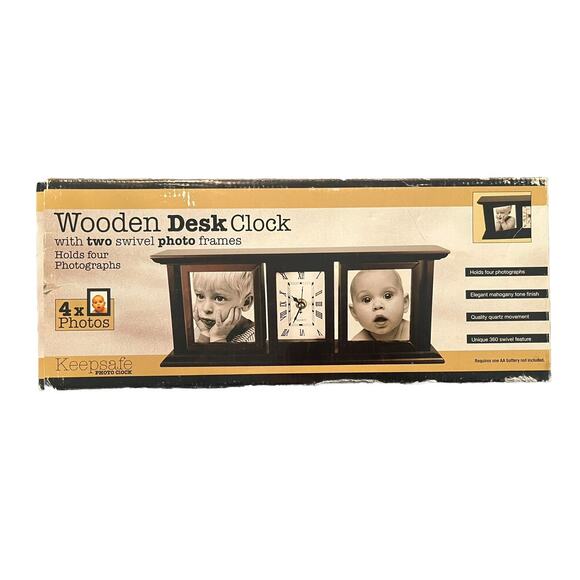 Keepsafe Wooden Desk Clock w 4 Photo Frames Mahogany Tone Quartz Swivel Display - Picture 1 of 2